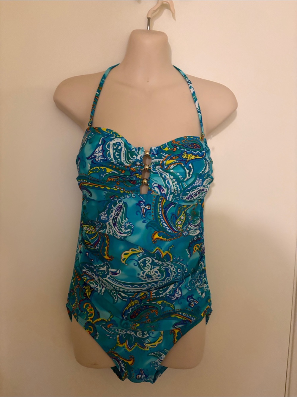 RALPH LAUREN Turquoise Paisley Halter one piece swim suit. Size women’s 8.